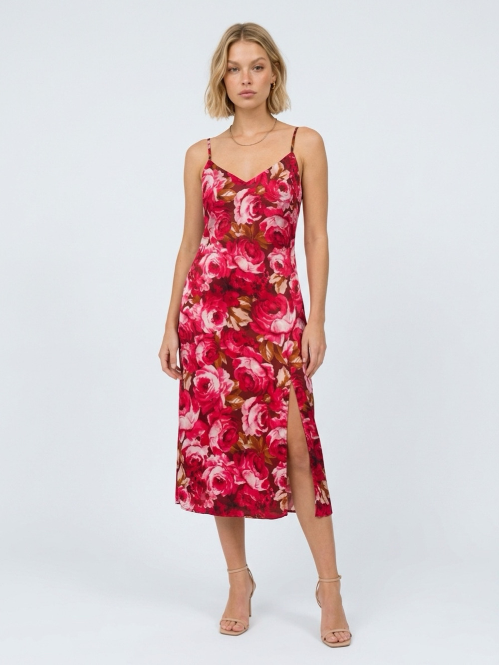 I.N. San Francisco Red Floral Print Satin Slip Midi Dress with Side Slit